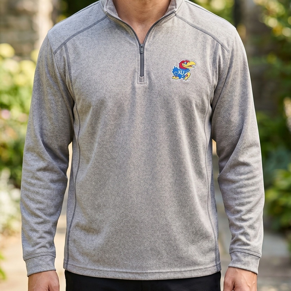 J America Kansas Jayhawks Mens Quarter Zip Pullover Heather Grey KU Logo L